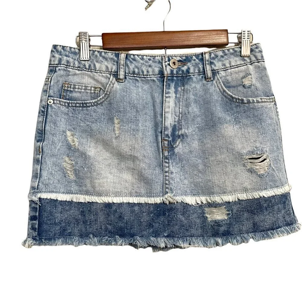 Highway Women's Colorblock Raw Hem Distressed Denim Mini Jean Shirt Size 5/6